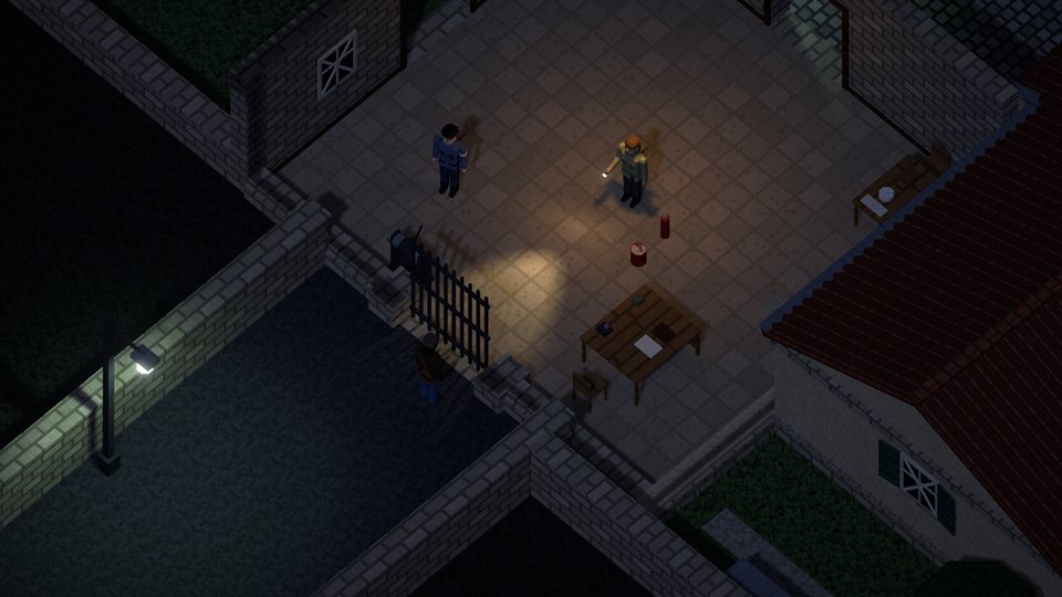 The gatehouse at night: a figure waiting outside the gate grille, the commander inside with a torch.