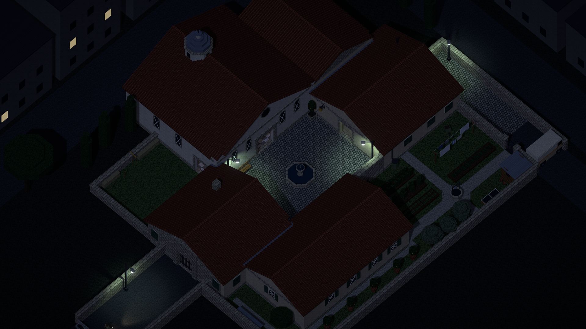 The compound at night from above: tiled roofs, a courtyard with a fountain under a lamp, the walls and the garden.