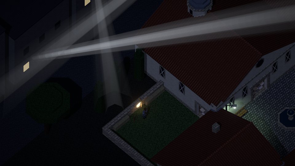 Searchlight beams sweeping over the compound from the city beyond the walls.