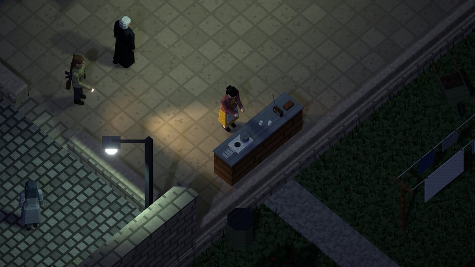 The kitchen in the service wing under a cold lamp: supper on the stove, a guard waiting by the door.